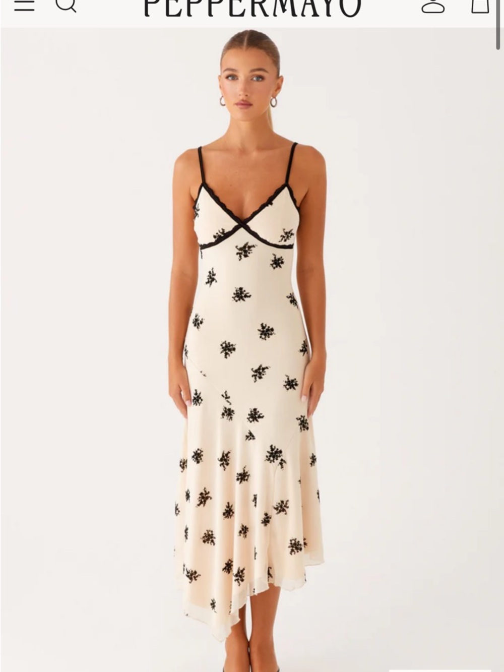 Peppermayo Cream Slip Dress with Black Floral Appliqué